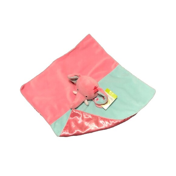 Okie Dokie Pink Mint Green Elephant Lovey Security Blanket Rattle Satin Back Tag - Picture 1 of 10